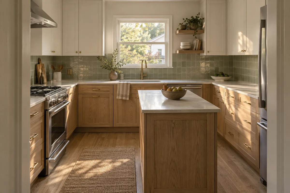 An oak and sage kitchen with warm natural light, an illustrative Alder & Stone remodeling project
